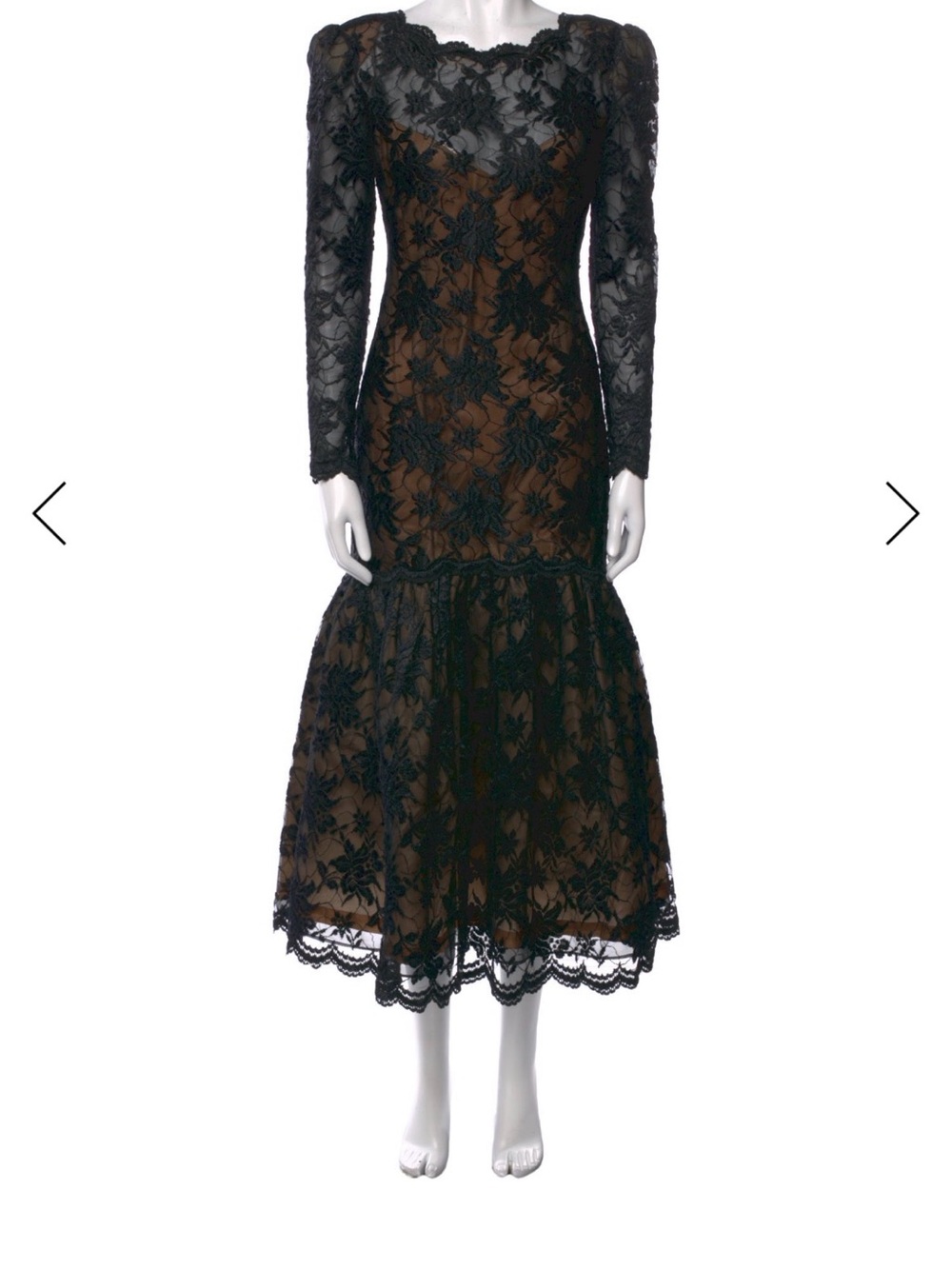 Victor Costa Black Lace Overlay Long-Sleeve Tea-Length Dress